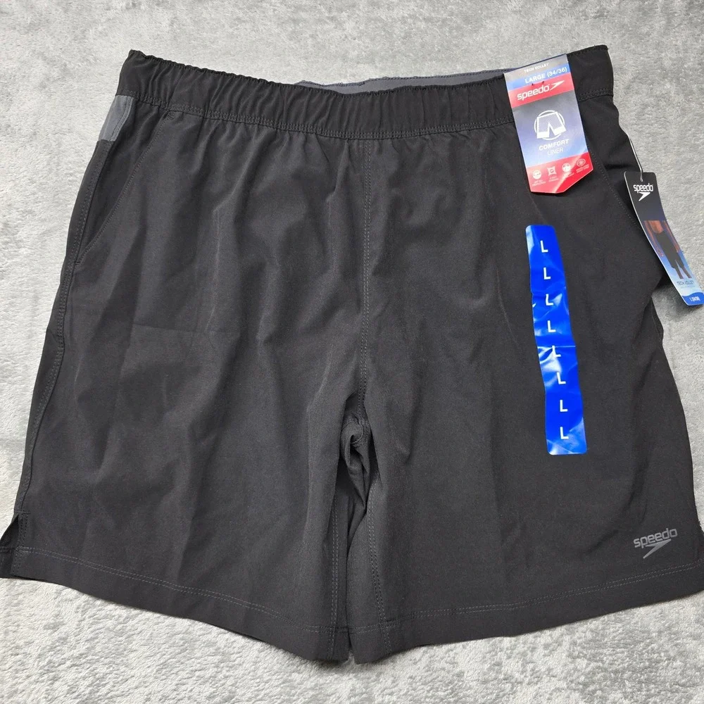 Speedo Tech Volley Athletic‎ Shorts Mens LG 34-36 Black Comfort Liner UPF 50+
